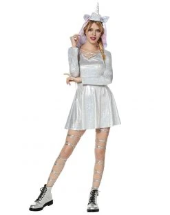 Spirit Halloween Hooded Faux Fur Iridescent Unicorn Dress