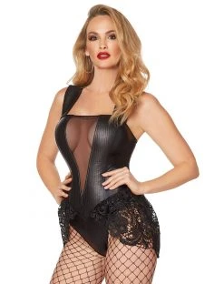 Spirit Halloween Adult Black Faux Leather and Lace Bodysuit